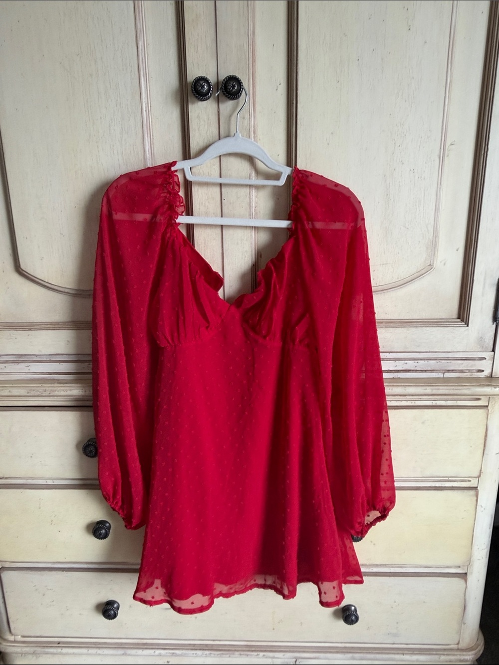 Missguided Red Sheer V-Neck Swiss Dot Blouse